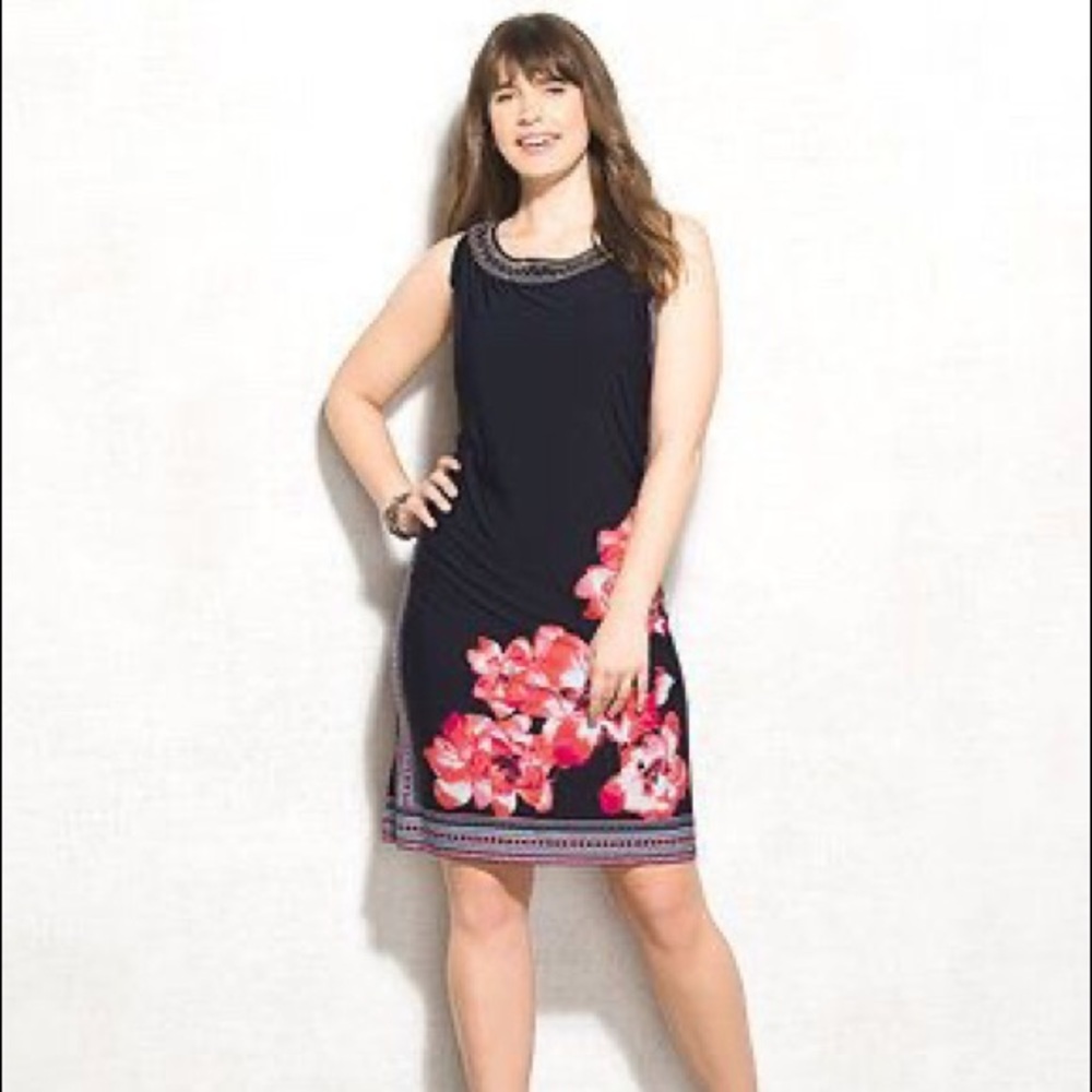 Dressbarn Midi Floral Print Blue Jewel Neck Dress